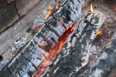 Kırmızı renkte parlayan közler, soyut arka plan. Yanan odun ateşinin sıcak közleri. Yakacak odun ızgarada yanıyor. Doku ateş közleri.