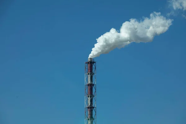 Tall chimney with white smoke. Blue sky without clouds but with smoke from the plant