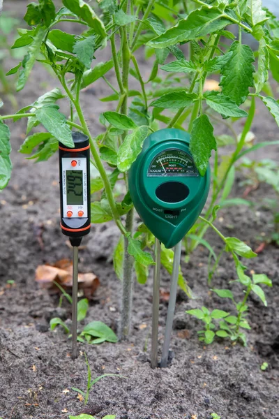 Messung Des Wertes Der Säure Und Temperatur Des Bodens Garten lizenzfreie Stockfotos