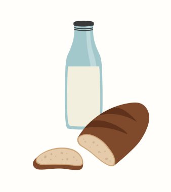 Bir parça dilimlenmiş ekmek ve bir şişe sütle vektör illüstrasyon. Düz stil vektör çizimi. Lezzetli kahvaltı yemekleri. Pişirme ürünleri ve süt. Ekoloji konsepti. Sıfır ziyan kahvaltı.