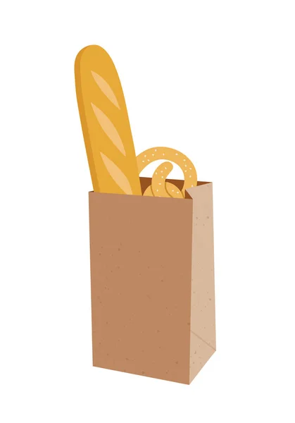 Illustration Vectorielle Paquet Papier Écologique Avec Baguette Bretzel Ensemble Dessiné — Image vectorielle