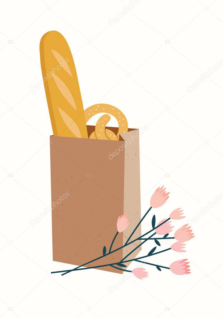Vector illustration of an ecological paper bag with baguette, pretzel and flowers. Hand-drawn set for bakehouse isolated on white background. Ecological paper package. Zero waste. 