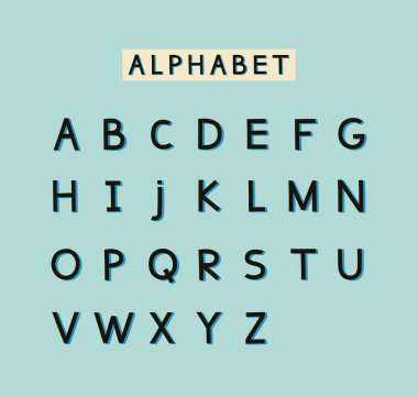 İngilizce elle çizilmiş kare kenarlı 3D büyük harf alfabesinin vektör çizimi. Gökyüzü mavisi arka planda büyük mavi harfler. Mavi arkaplanda ince harfler izole edilmiş.. 