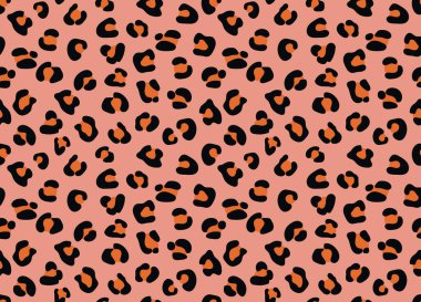 Leopar desenli arka plan elementlerinin kusursuz deseni. Pembe arka planda siyah ve pembe renkli el yapımı leopar dokusu. Tekstil, kumaş, kağıt için modaya uygun hayvani arkaplan. 