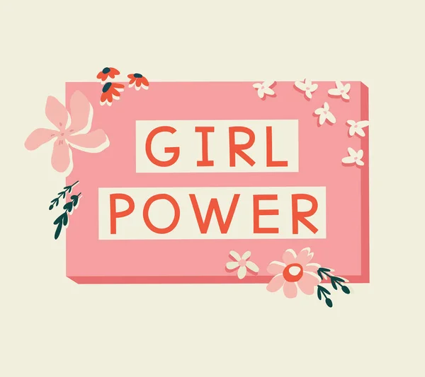 一个印有 女孩力量 字样和花朵的标语牌的矢量插图 背景是米黄色的 争取权利和平等的斗争 网页及印刷品平面设计中的手绘图解 — 图库矢量图片