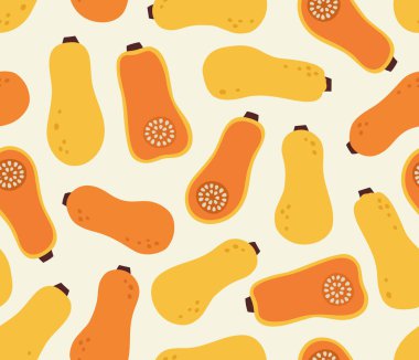 Bej arka planda sarı ve turuncu balkabağı desenleri. El yapımı balkabağı seti. Tekstil, kumaş, kağıt için modaya uygun vegan gıda arka planı. 