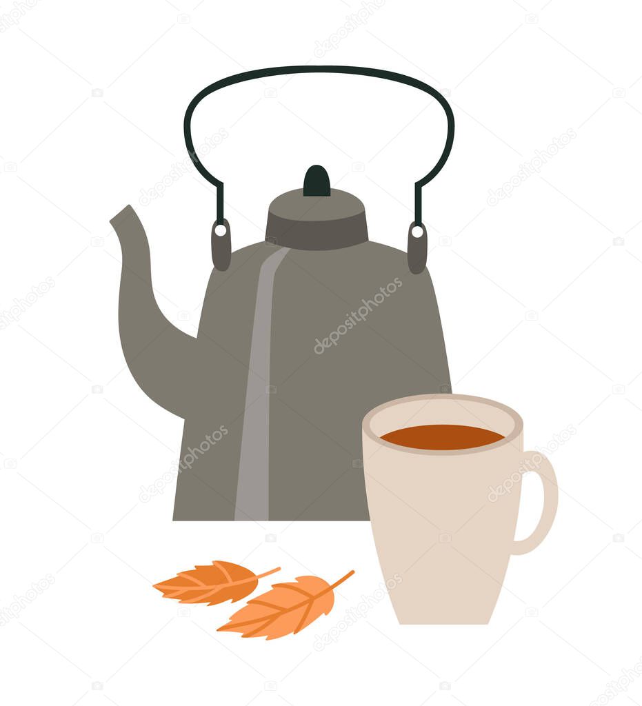 Vector illustration of the gray teapot and a cup of tea isolated on white background. Hand-drawn tea set in calm colors. Trendy illustration for web and print design.