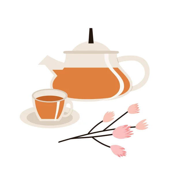 Εικονογράφηση Διάνυσμα Του Γυάλινη Τσαγιέρα Ένα Ποτήρι Τσάι Και Ένα — Διανυσματικό Αρχείο