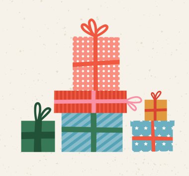 Bej arka planda farklı renklerde hediye kutularının vektör çizimi. Kartpostallar, çıkartmalar, planlamacılar, davetiyeler için kullanılabilir. Noel ve Mutlu Yıllar.