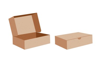 Karton kutunun kapalı ve açık formda vektör illüstrasyonu. El çizimi beyaz arka planda izole edilmiş. Ekolojik ambalaj. Web ve yazdırma tasarımı için uygun.