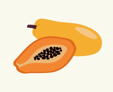 Papaya 'nın vektör çizimi ve bej arka planda farklı renklerde papaya. El yapımı set. Moda papaya kartı. Sağlıklı beslenme, yemek tarifleri, yerel çiftlikler için uygun..