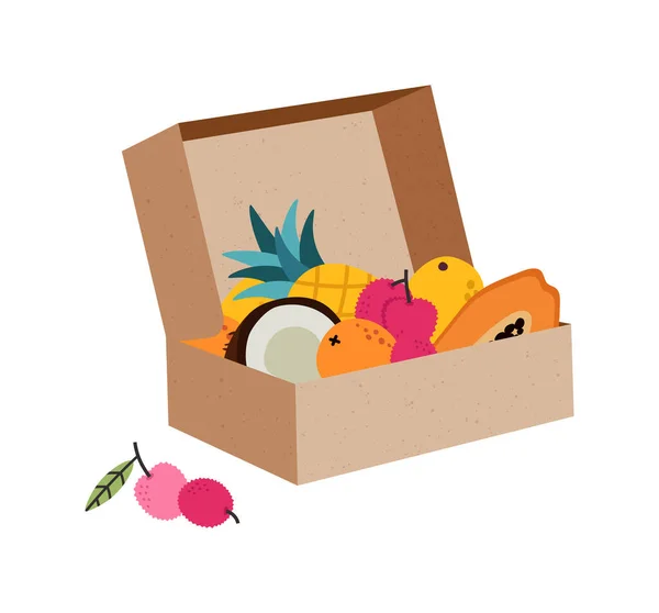 Ilustração Vetorial Caixa Papelão Com Frutas Exóticas Mamão Coco Manga —  Vetores de Stock