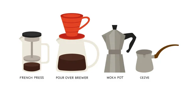 コーヒーを醸造するさまざまな方法 コーヒーメーカーのベクトルイラスト Cezve French Press Moka Pot Pour Brewer コーヒーショップやコーヒーの淹れ方のイラストに適しています — ストックベクタ