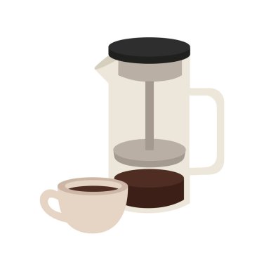 Evde kahve yapmak için popüler yöntemler. Fransız baskısının vektör illüstrasyonu ve kahve. El yapımı kahve seti beyaz arka planda izole.. 