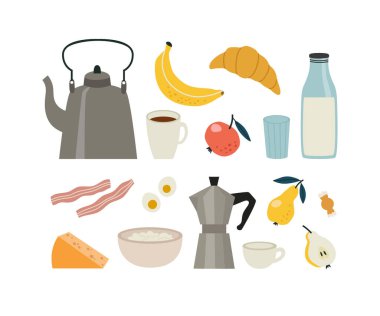 Kahvaltı aletleri ve yiyeceklerin vektör çizimi. Çaydanlık, fincanlar, yulaflı bir tabak, gayzer kahve makinesi, bardaklı süt şişesi, peynir, pastırma, yumurta, elma, muz, armut, kruvasan ve şeker..