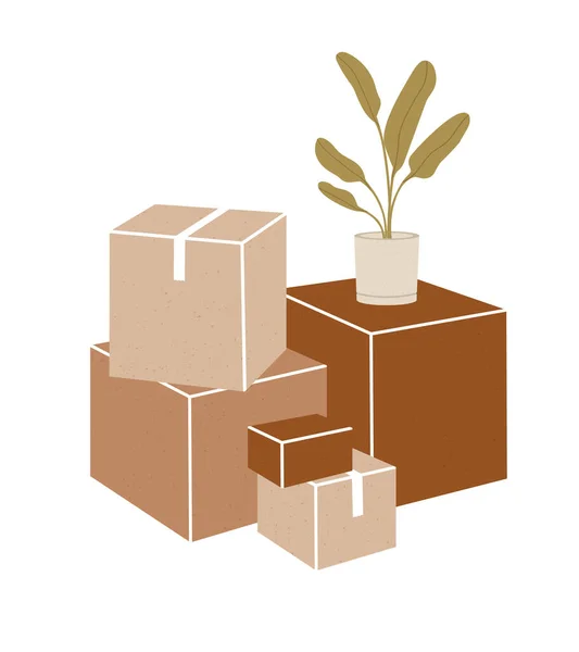 Vektorillustration Von Pappkartons Mit Hausblumen Einem Betontopf Konzept Des Umzugs — Stockvektor
