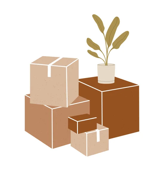 Ilustración Vectorial Cajas Cartón Con Flores Caseras Una Maceta Hormigón — Vector de stock