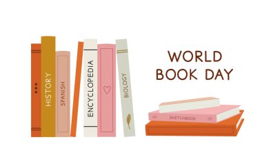 Harflerle dolu bir kitap yığınının vektör çizimi. El çizimi, düz stil. Öğrenmek, okumak için nesneler kavramı. Dünya kitabı günü. Kitapçılar ve yayınevleri için uygun..