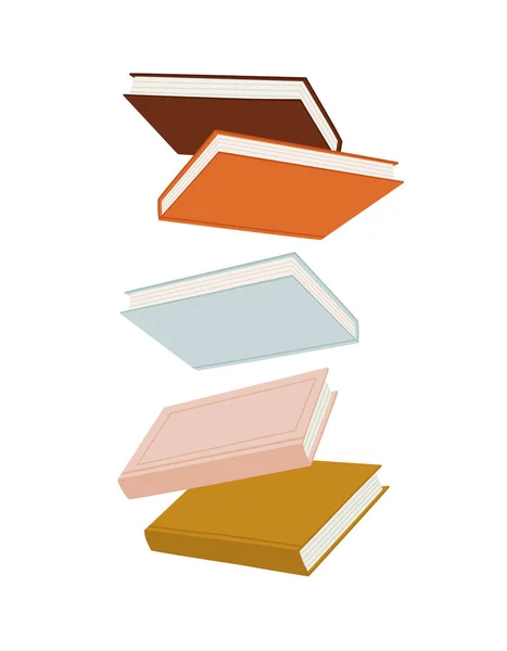 Vector Illustration Stack Books Flying Air Hand Drawn Set Flat — Stock Vector