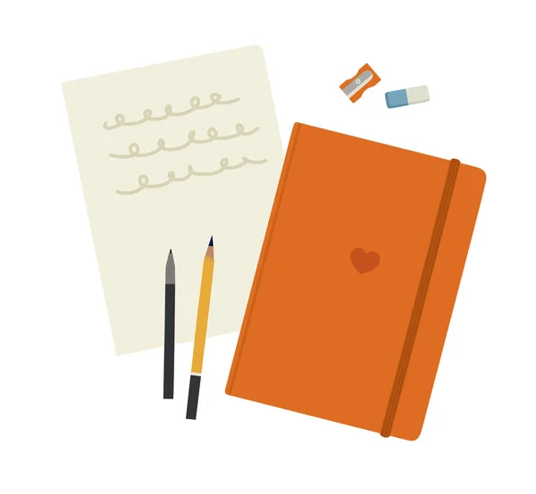 Cadernos Desenhados Mão Com Dois Lápis Papel Apontador Lápis Borracha —  Vetores de Stock