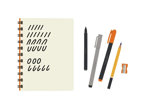Cadernos Desenhados Mão Com Lápis Forro Marcador Apontador Lápis Vista — Vetor de Stock