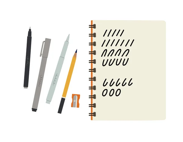Yazısı Alıştırması Kalem Kalem Keçeli Kalemler Kalemtıraşlı Çizimi Defterler Üst — Stok Vektör