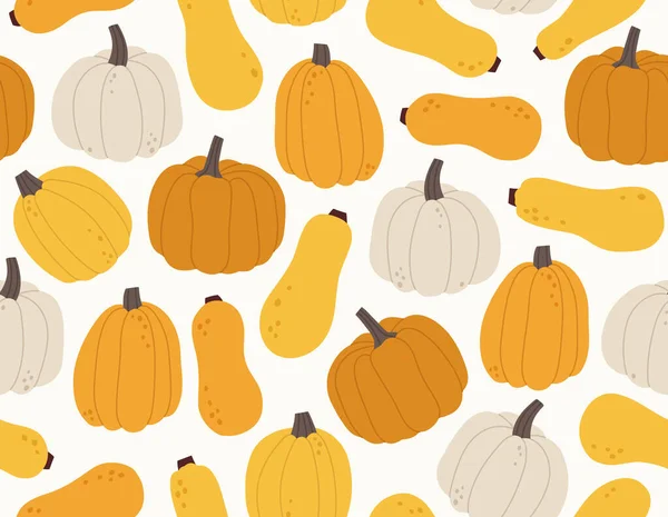 Seamless Pattern Different Hand Drawn Pumpkins Concept Fall Autumn Nature — Stock Vector