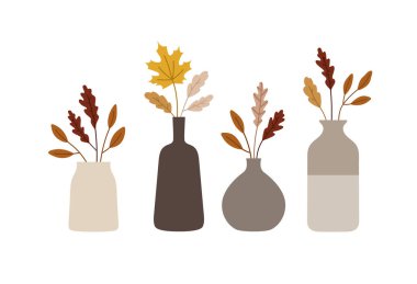 Vazolarda elle çizilmiş yapraklar var. Akçaağaç, meşe, karaağaç. Sonbahar mevsimi konsepti, orman bitkileri, ağaç yaprakları, hasat zamanı, rahat bir ev. Renkli vektör çizimi, beyaz üzerine izole edilmiş.