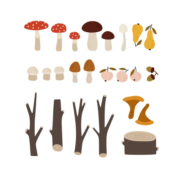 Conjunto Desenhado Mão Comida Outono Fábricas Cogumelos Maçãs Peras Bolotas — Vetor de Stock