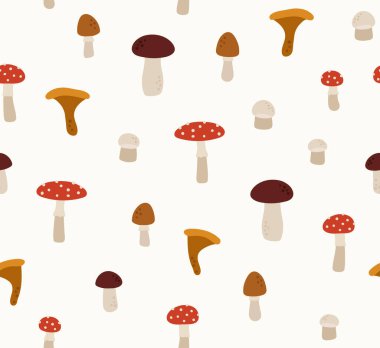 Orman mantarlarının kusursuz deseni. Beyaz mantar, chanterelle, amanita. Sonbahar, sonbahar, doğa, orman bitkileri. Renkli vektör çizimi, bej üzerine izole edilmiş.