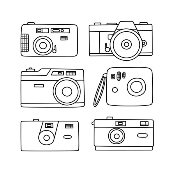 Hand-drawn set of film photo cameras. Retro, vintage camera, photographer tool, photo tool. Back to the 80s - 90s. Colorful flat vector illustration isolated on white background. Line art.