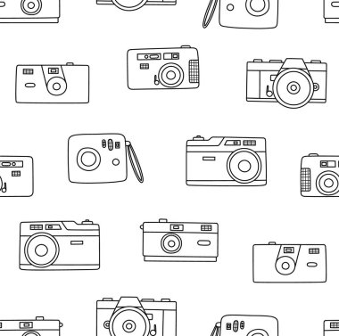 Fotoğraf makinelerinin kusursuz deseni. Retro, klasik kamera, fotoğrafçı aleti, fotoğraf aleti. 80 'lere, 90' lara kadar. Beyaz arkaplanda izole edilmiş renkli düz vektör çizimi. Satır sanatı.