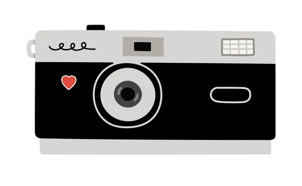 手绘黑色和灰色胶卷相机 老式相机 摄影工具 摄影工具 回到80 90年代 在白色背景上孤立的彩色平面矢量图 — 图库矢量图片