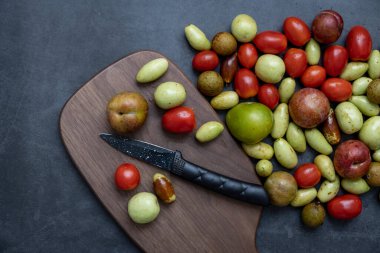 Çeşitli taze meyve, hurma, kiraz domatesleri, Longan, erik, koyu gri arka plan üzerine kuruludur..