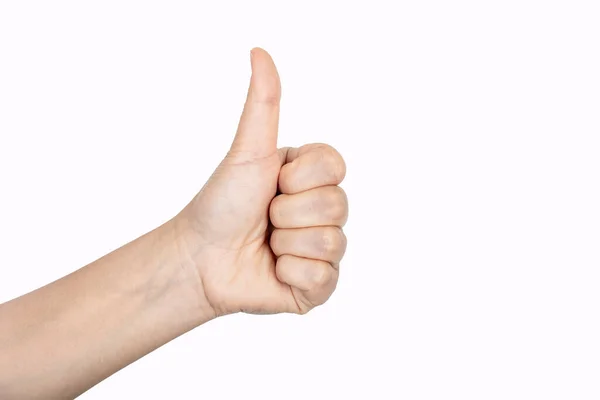 Closeup Female Hand Showing Thumbs Sign White Background — Stock Photo, Image