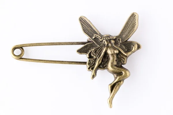 One Bronze safety pin isolated on white background — Stock Photo, Image