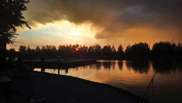 Fishing River Sunset Beautiful Sunset Pond — Stock Photo, Image