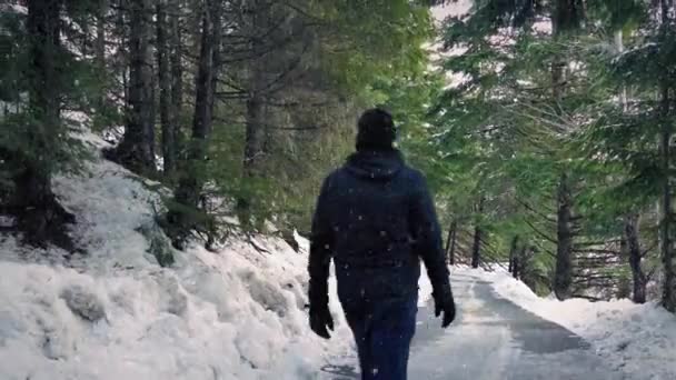 Человек на дороге в снегопад — стоковое видео