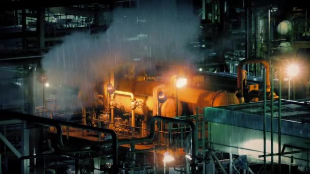 Industriemaschinen rauchen in einer regnerischen Nacht — Stockvideo