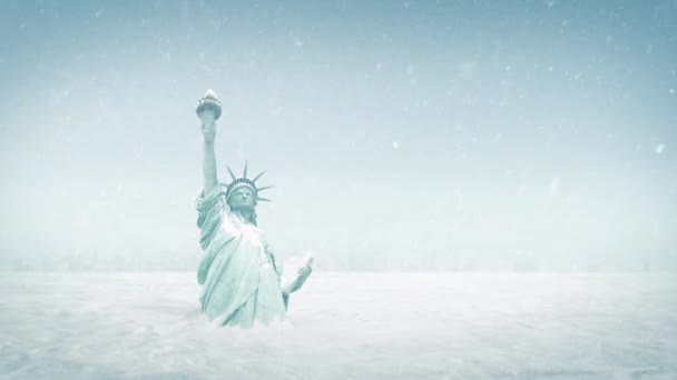 Statue Of Liberty In sneeuw Global Cooling Concept — Stockvideo