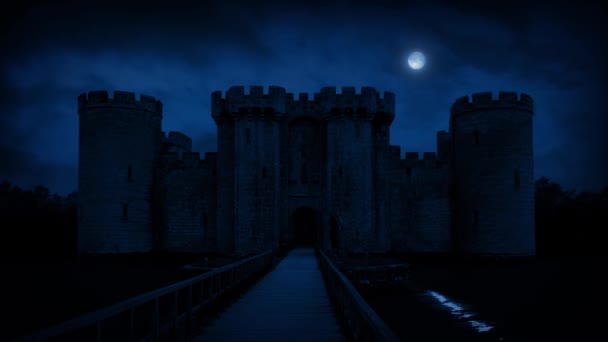 Grande castello con fossato al chiaro di luna — Video Stock