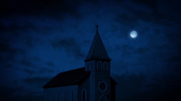 Kyrkan på natten med fullmåne — Stockvideo