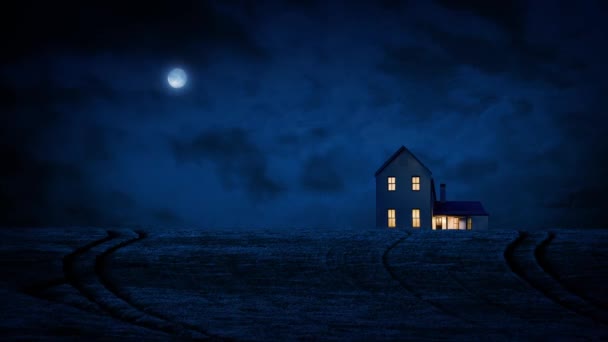 Casa en el campo en la noche con la luna — Vídeos de Stock