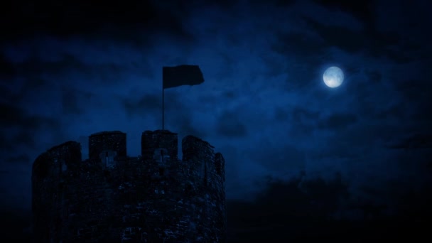 Vlag waait op kasteel torentje nachts — Stockvideo