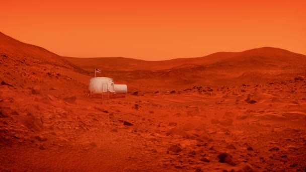 Base espacial em Marte com bandeira americana — Vídeo de Stock