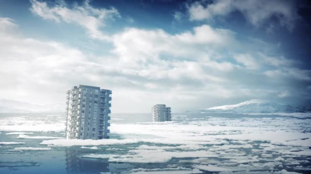 Edificios de la ciudad después de que las capas de hielo se derriten — Vídeo de stock