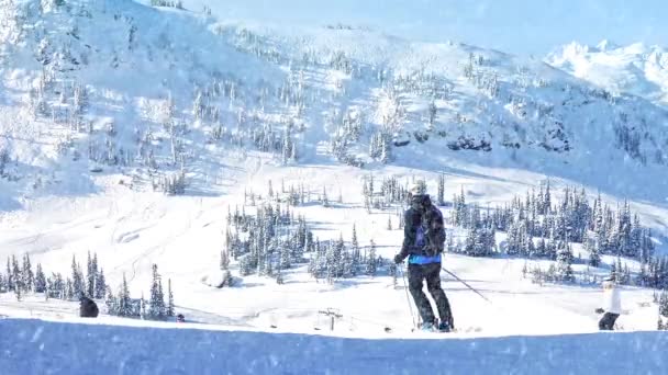 Gente esquiando pasado con nieve cayendo — Vídeos de Stock