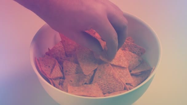 Man Takes Chips Bowl Party — Stock Video