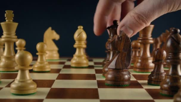 Man Moves Queen Playing Chess Moving Shot — Stock Video