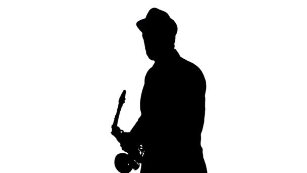Hombre Sombrero Jugando Energéticamente Silueta Saxofón — Vídeos de Stock